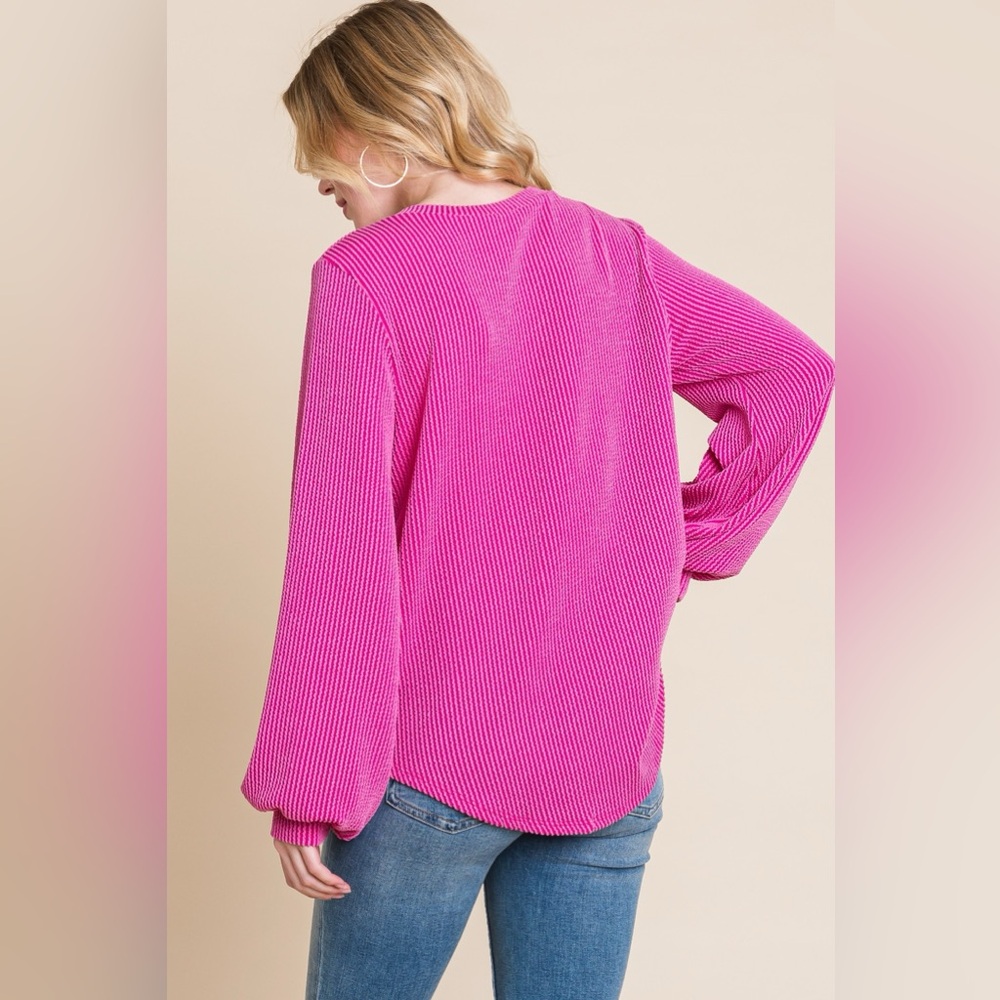 BOMBOM Long Sleeve Curved Hem Ribbed T-Shirt - Picture 2 of 4